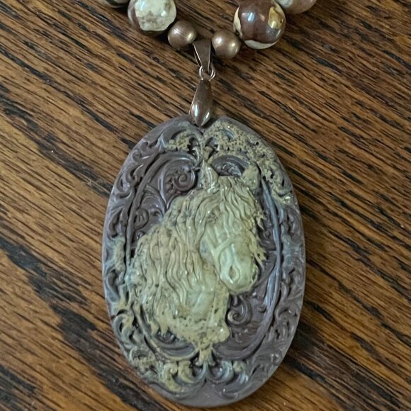 Handcrafted Brown (plum tint) & Cream Jasper Beaded Necklace with Horse Pendant - Picture 4 of 9